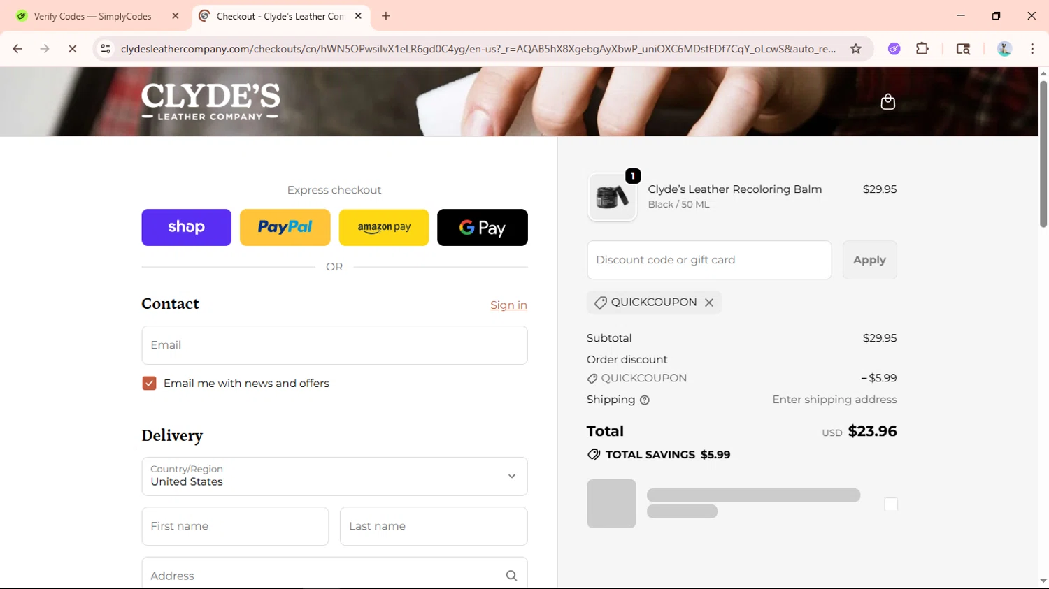 Clyde's Leather Company promo code screenshot showing code quickcoupon applied at Clyde's Leather Company checkout page. Uploaded by SimplyCodes community member Aguaita_coco on Nov 17, 2025