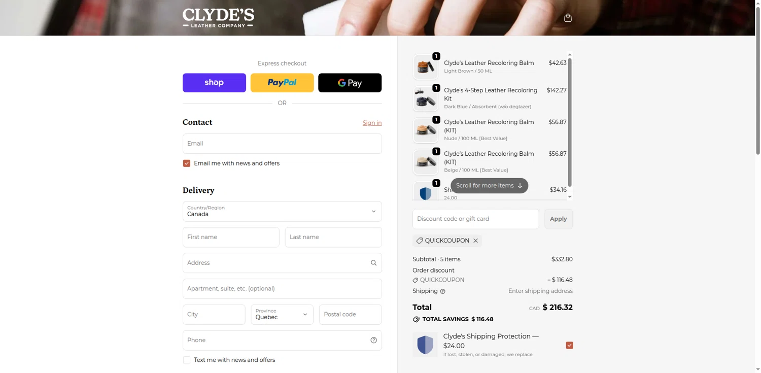 Clyde's Leather Company promo code screenshot showing code quickcoupon applied at Clyde's Leather Company checkout page. Uploaded by SimplyCodes community member terricameron on Nov 14, 2025