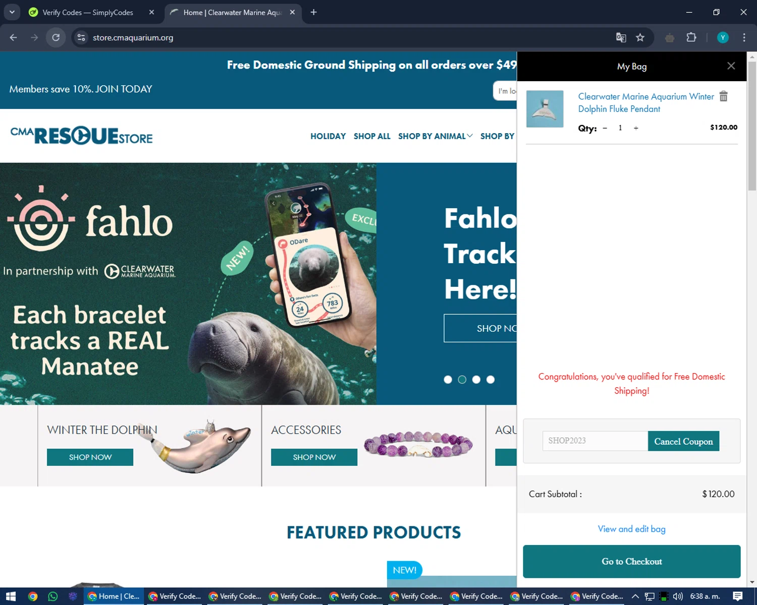 Clearwater Marine Aquarium discount code screenshot showing code SHOP2023 applied at Clearwater Marine Aquarium checkout page. Uploaded by SimplyCodes community member RoyalEagle4794 on Dec 29, 2024