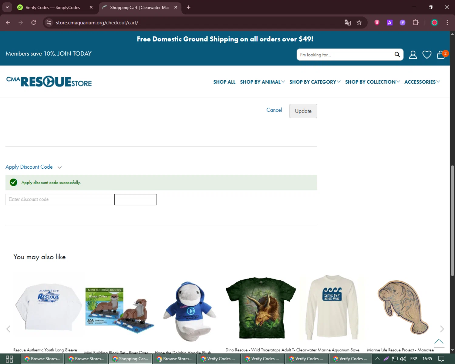 Clearwater Marine Aquarium discount code screenshot showing code shop2024 applied at Clearwater Marine Aquarium checkout page. Uploaded by SimplyCodes community member David_Garcia on Jun 24, 2025