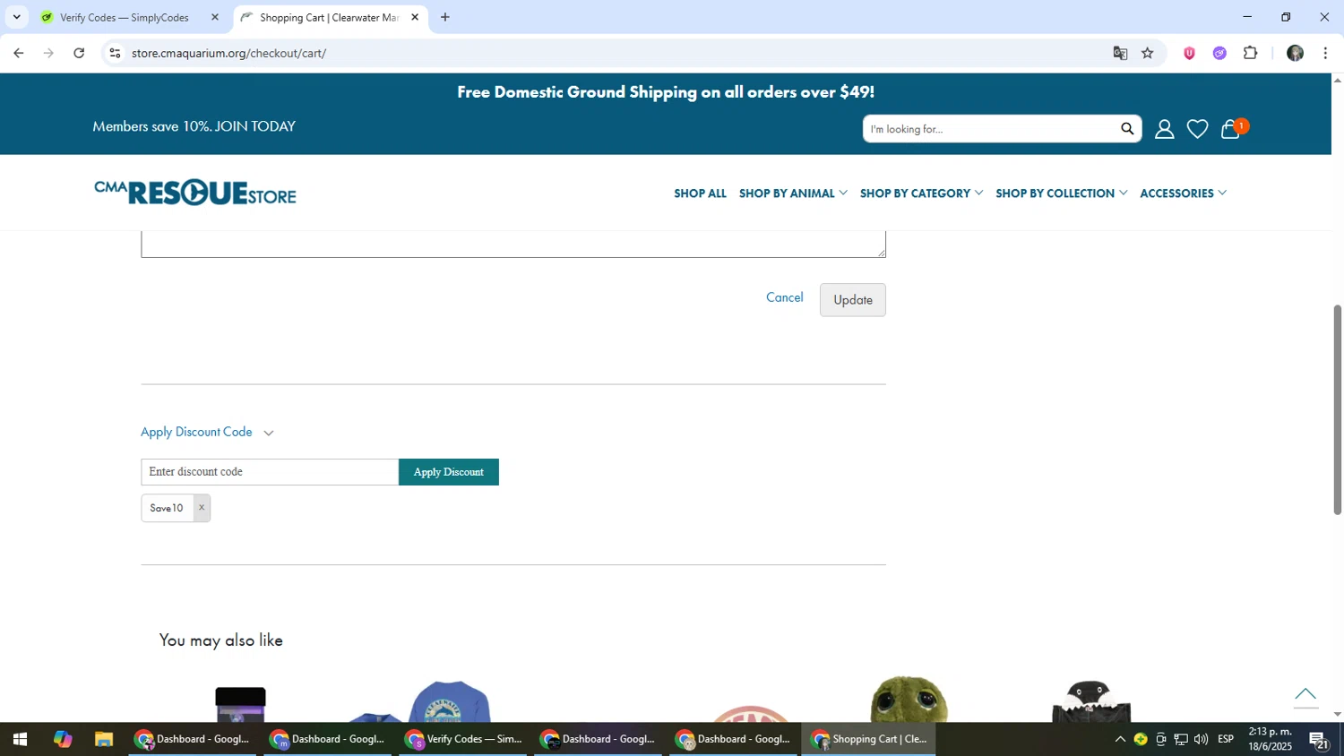 Clearwater Marine Aquarium discount code screenshot showing code Save10 applied at Clearwater Marine Aquarium checkout page. Uploaded by SimplyCodes community member CleverLynx6871 on Jun 18, 2025