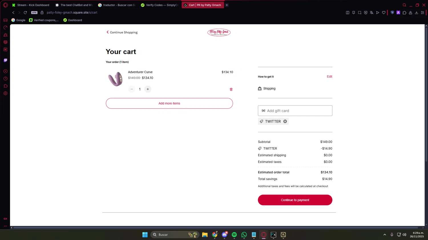 CM Boutique promo code screenshot showing code TWITTER applied at CM Boutique checkout page. Uploaded by SimplyCodes community member PrimeVirtuoso9679 on Nov 26, 2025