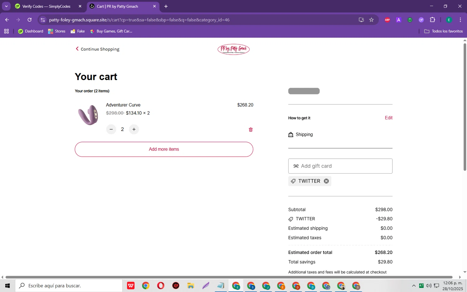 CM Boutique promo code screenshot showing code TWITTER applied at CM Boutique checkout page. Uploaded by SimplyCodes community member RebateScholar429 on Oct 28, 2025