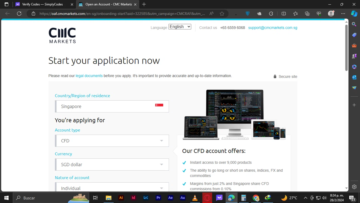 CMC Markets checkout page showing CMC Markets promo code box | Screenshot taken by SimplyCodes community member on Feb 29, 2024
