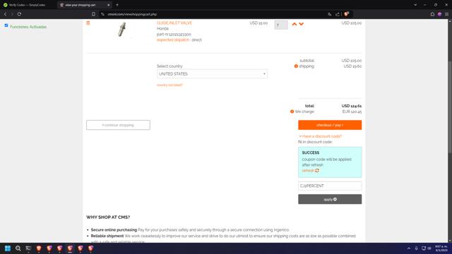 CMSNL Motorcycle Parts checkout page showing CMSNL Motorcycle Parts promo code box | Screenshot taken by SimplyCodes community member on Jan 6, 2025