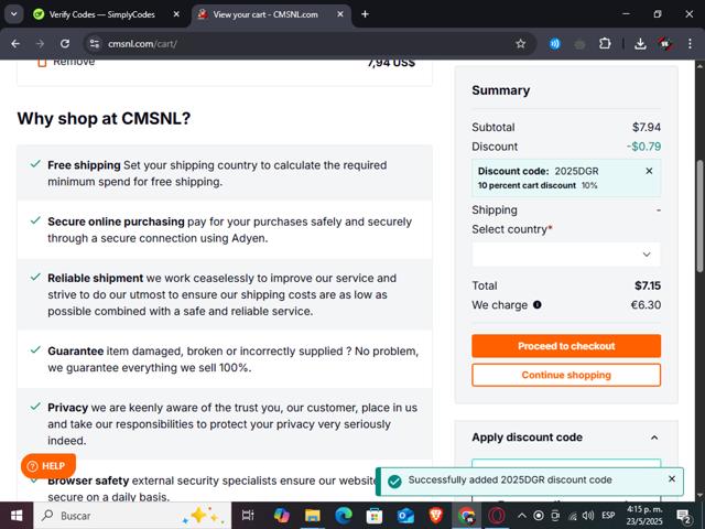 CMSNL Motorcycle Parts checkout page showing CMSNL Motorcycle Parts promo code box | Screenshot taken by SimplyCodes community member on May 23, 2025