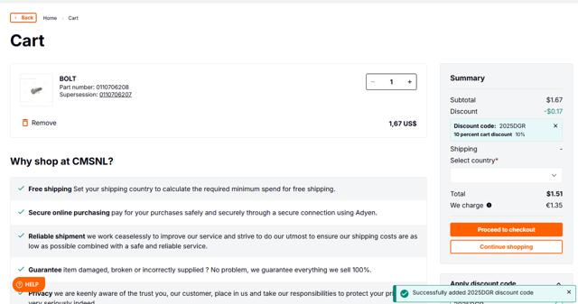 CMSNL Motorcycle Parts checkout page showing CMSNL Motorcycle Parts promo code box | Screenshot taken by SimplyCodes community member on May 16, 2025