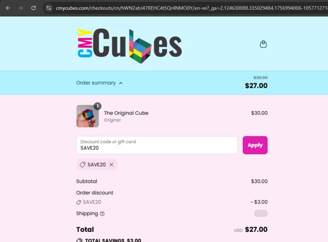 CMY Cubes checkout page showing CMY Cubes discount code box | Screenshot taken by SimplyCodes community member on Sep 4, 2025