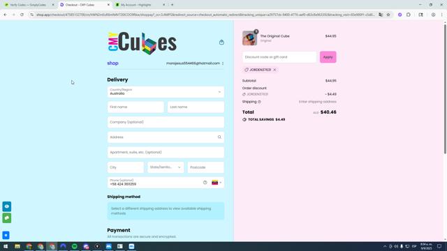 CMY Cubes checkout page showing CMY Cubes discount code box | Screenshot taken by SimplyCodes community member on Sep 9, 2025