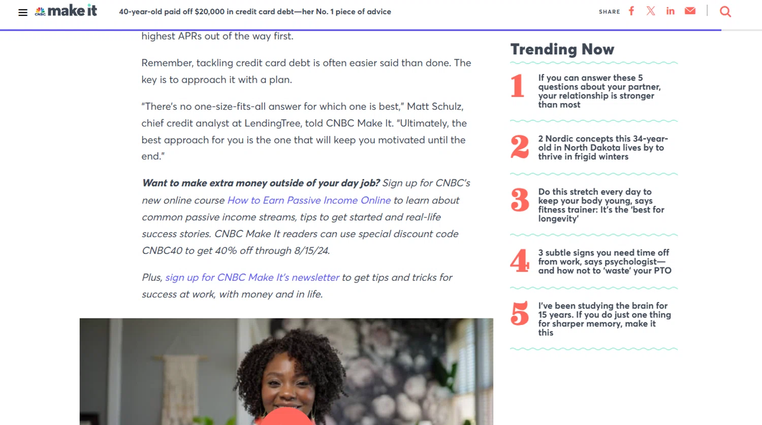 CNBC promo code screenshot showing code CNBC40 applied at CNBC checkout page. Uploaded by SimplyCodes community member MoneyScout2554 on Feb 16, 2025