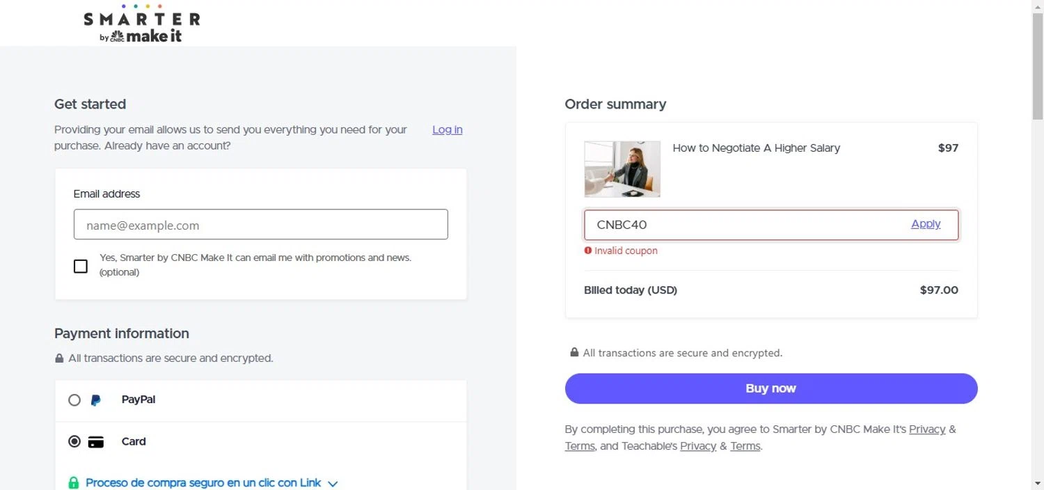 CNBC promo code screenshot showing code CNBC40 applied at CNBC checkout page. Uploaded by SimplyCodes community member yasmiragonzalez on Feb 16, 2025