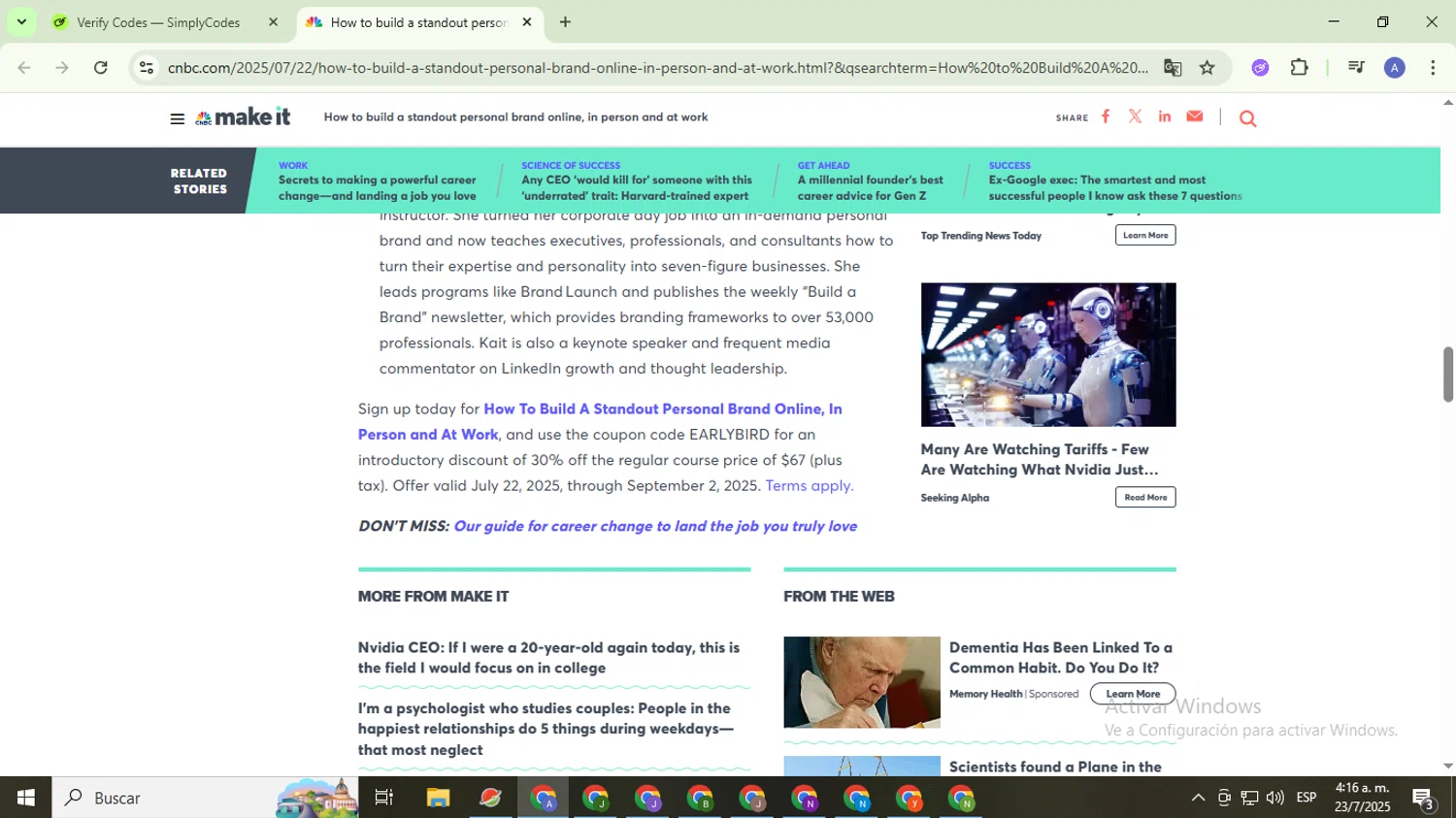 CNBC promo code screenshot showing code EARLYBIRD applied at CNBC checkout page. Uploaded by SimplyCodes community member TreasureCaptain5531 on Jul 23, 2025