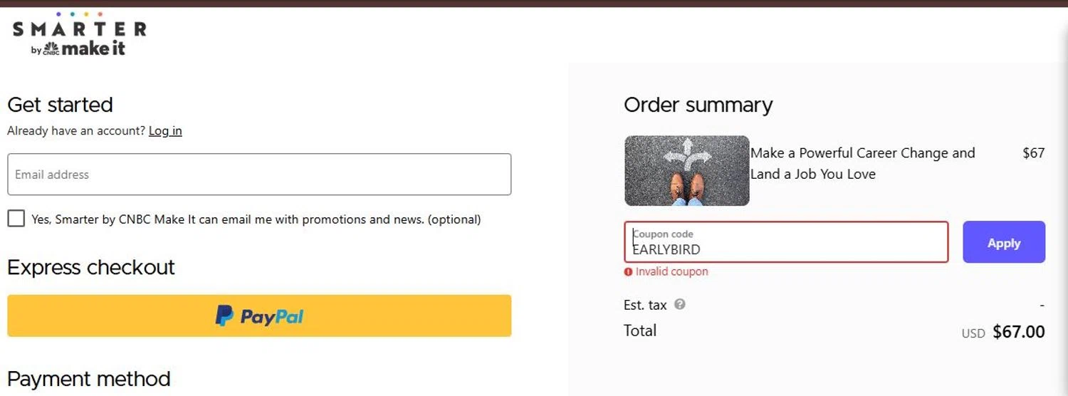 CNBC promo code screenshot showing code EARLYBIRD applied at CNBC checkout page. Uploaded by SimplyCodes community member unmentionable on Jul 23, 2025