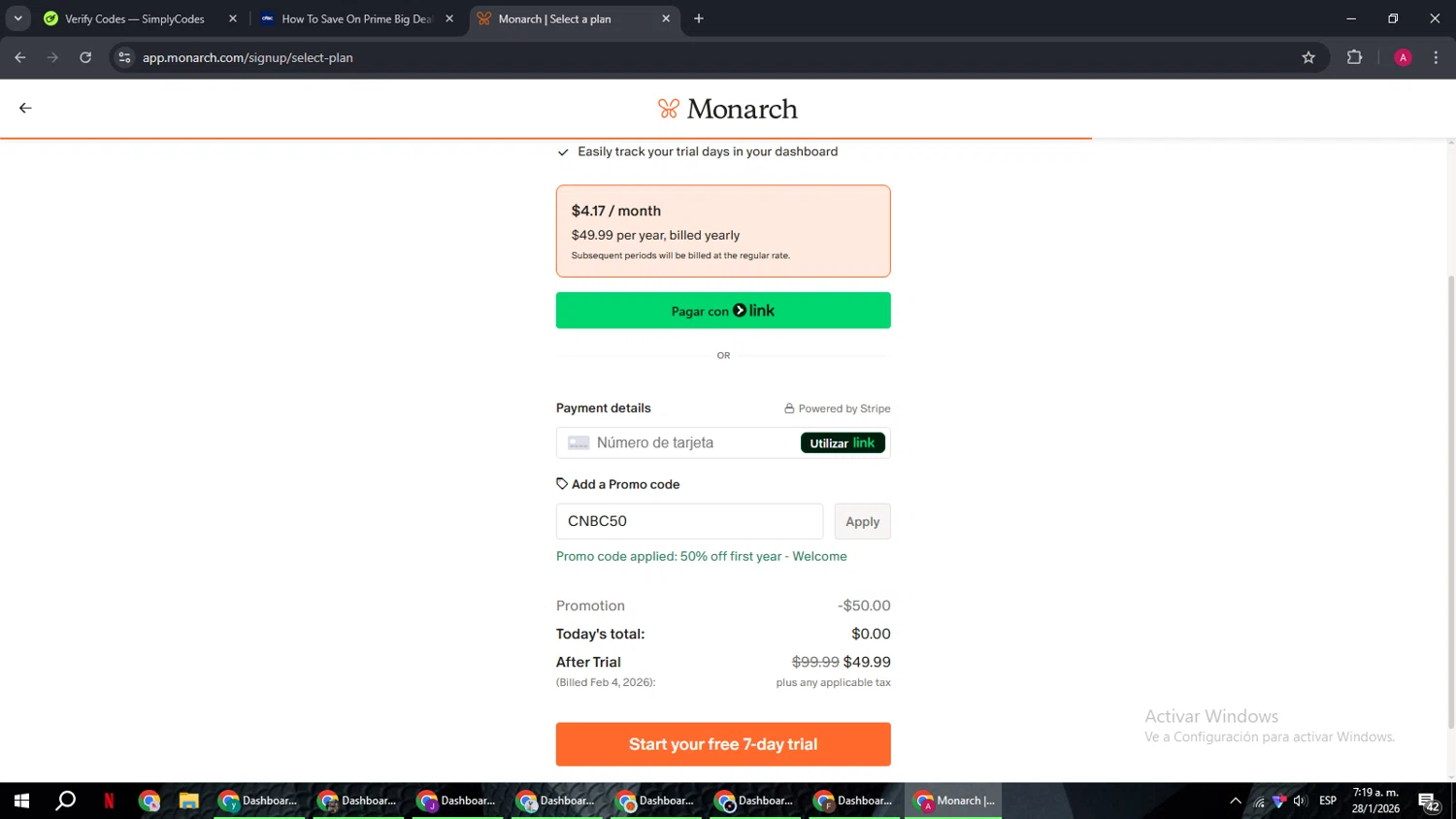 CNBC promo code screenshot showing code CNBC50 applied at CNBC checkout page. Uploaded by SimplyCodes community member BMWGS1200 on Jan 28, 2026