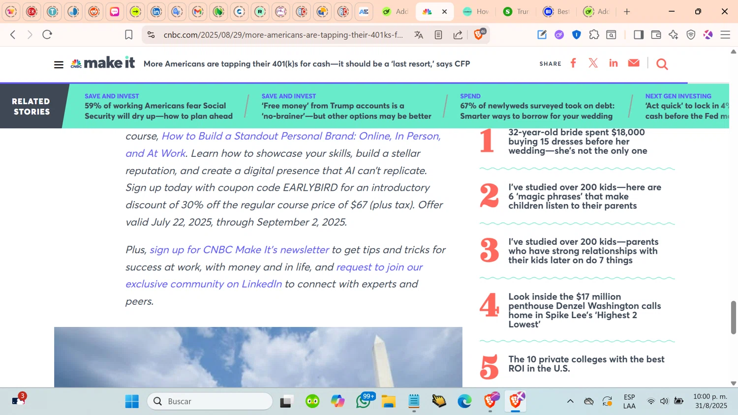 CNBC promo code screenshot showing code EARLYBIRD applied at CNBC checkout page. Uploaded by SimplyCodes community member cosita on Sep 1, 2025