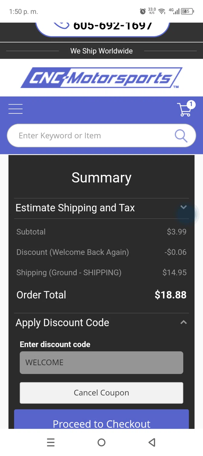 CNC-Motorsports checkout page showing CNC-Motorsports promo code box | Screenshot taken by SimplyCodes community member on Nov 6, 2025