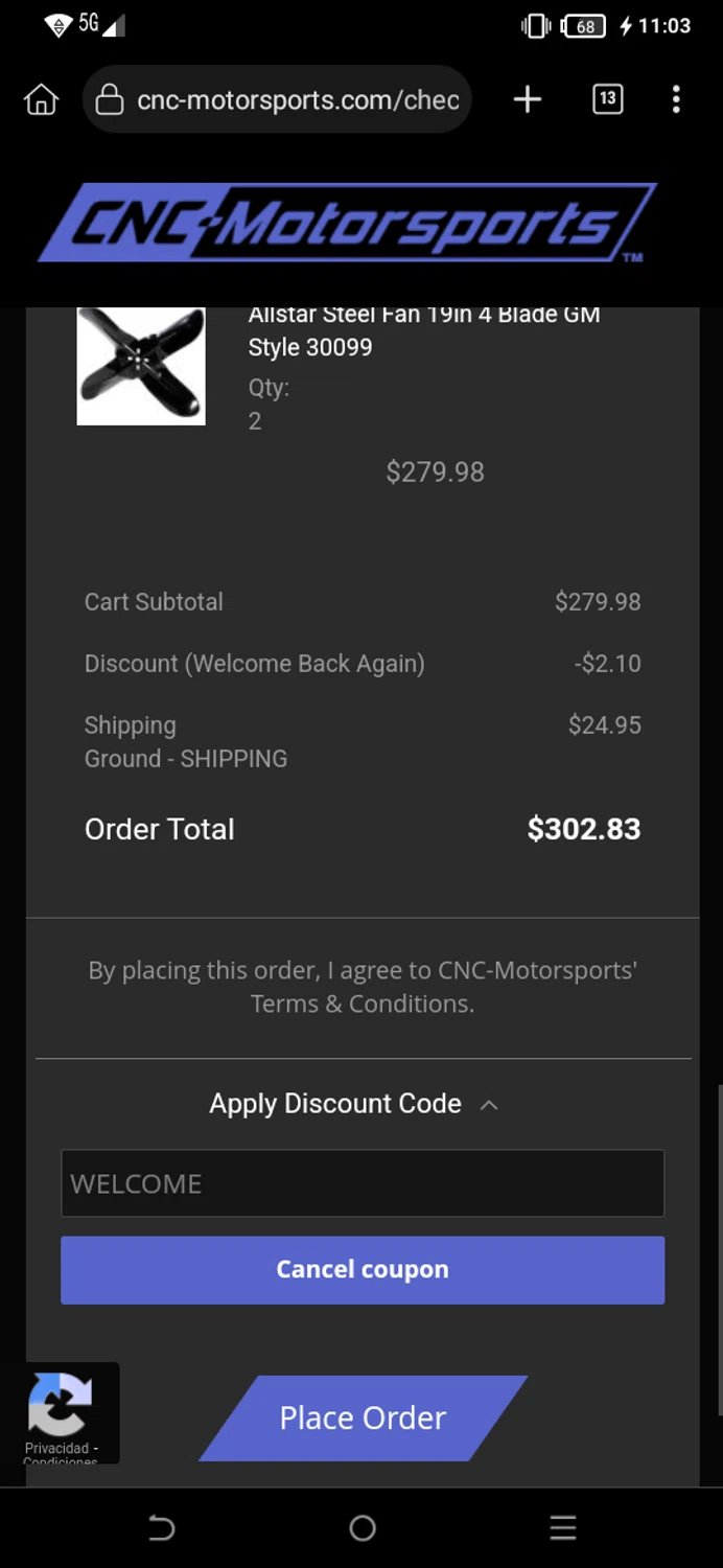 CNC-Motorsports checkout page showing CNC-Motorsports promo code box | Screenshot taken by SimplyCodes community member on Jul 11, 2025