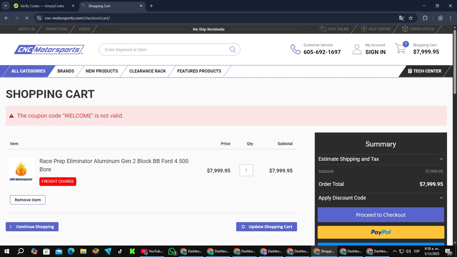 CNC-Motorsports promo code screenshot showing code WELCOME applied at CNC-Motorsports checkout page. Uploaded by SimplyCodes community member MoneyPilot9165 on Dec 5, 2025