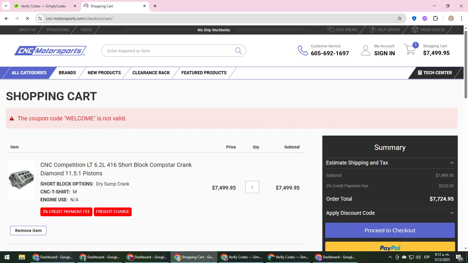 CNC-Motorsports promo code screenshot showing code WELCOME applied at CNC-Motorsports checkout page. Uploaded by SimplyCodes community member NobleScholar4826 on Dec 5, 2025