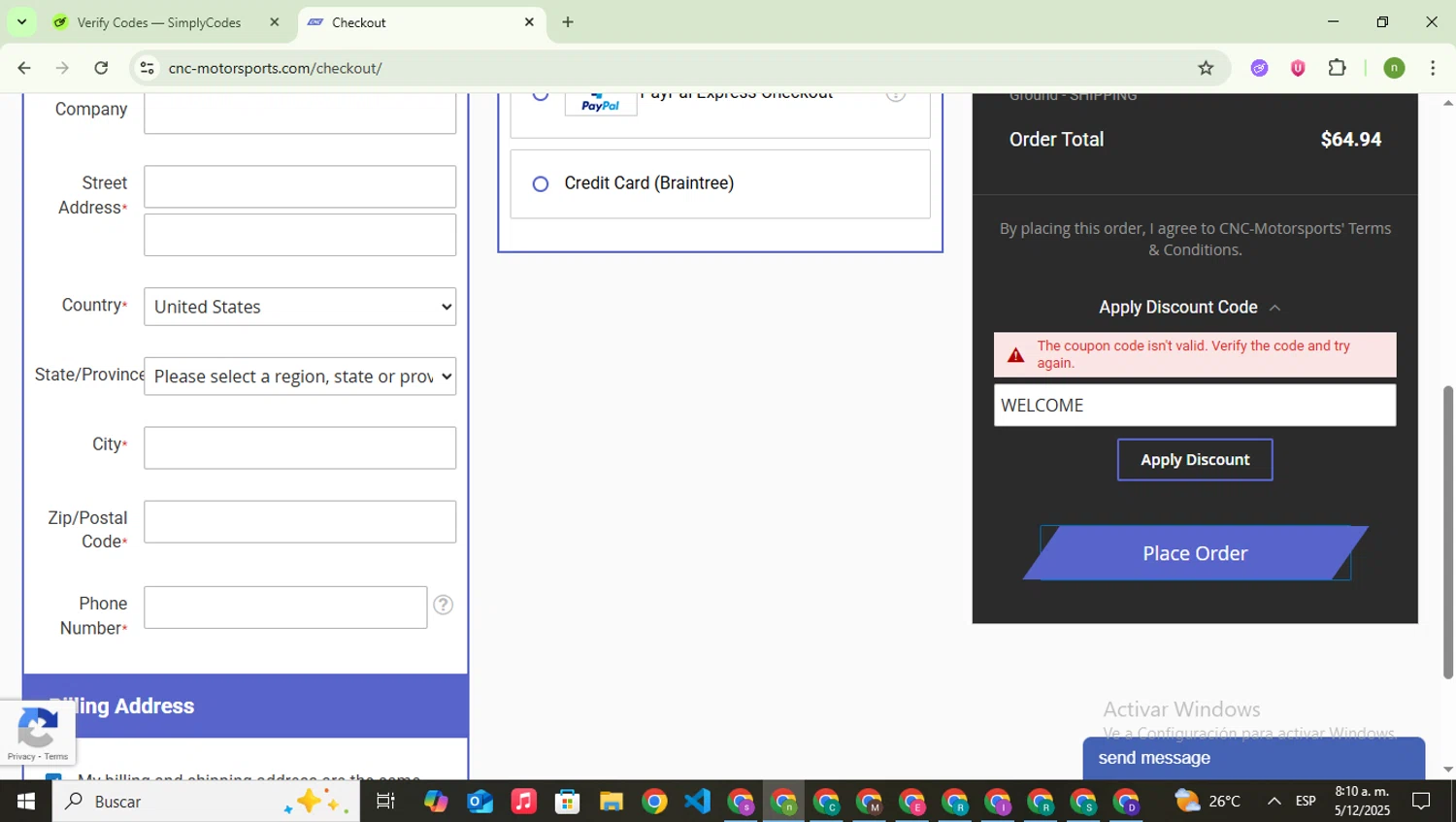 CNC-Motorsports promo code screenshot showing code WELCOME applied at CNC-Motorsports checkout page. Uploaded by SimplyCodes community member SwiftSaver6197 on Dec 5, 2025