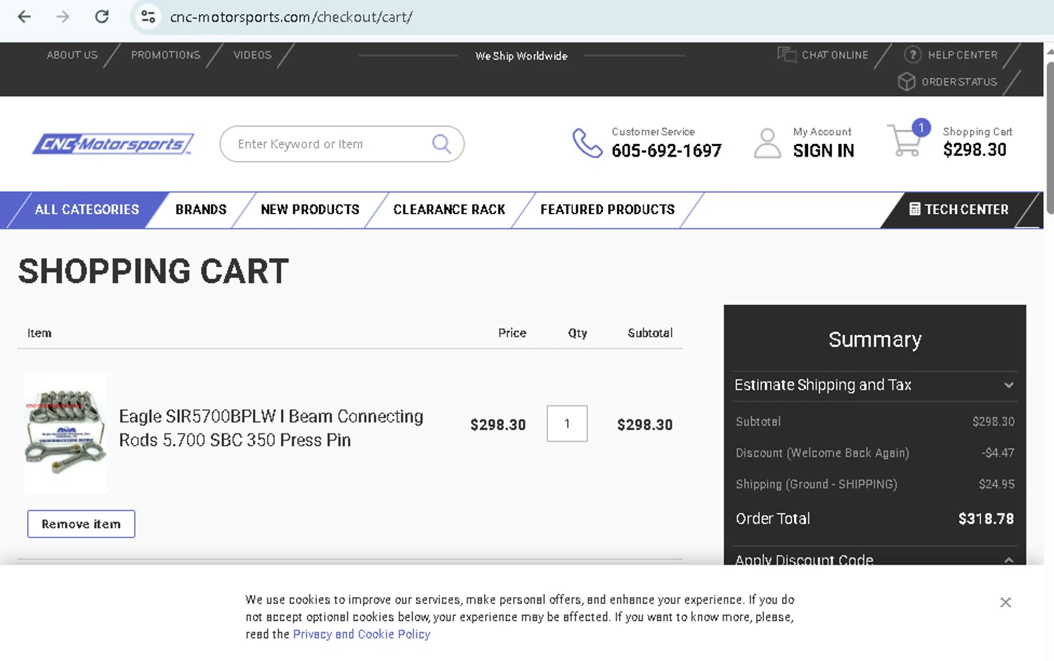 CNC-Motorsports checkout page showing CNC-Motorsports promo code box | Screenshot taken by SimplyCodes community member on Sep 6, 2025