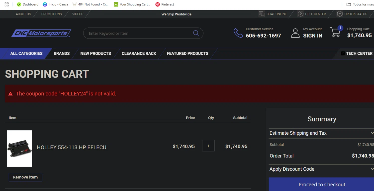 CNC-Motorsports promo code screenshot showing code HOLLEY24 applied at CNC-Motorsports checkout page. Uploaded by SimplyCodes community member Pollofrito on Jan 7, 2025