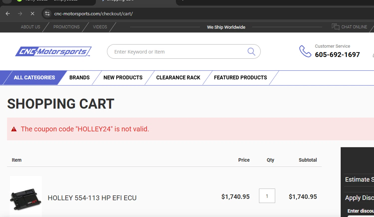 CNC-Motorsports promo code screenshot showing code HOLLEY24 applied at CNC-Motorsports checkout page. Uploaded by SimplyCodes community member Kony24 on Jan 7, 2025
