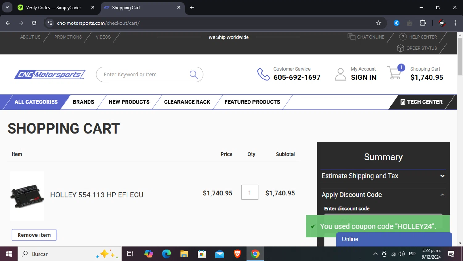 CNC-Motorsports checkout page showing CNC-Motorsports promo code box | Screenshot taken by SimplyCodes community member on Dec 9, 2024