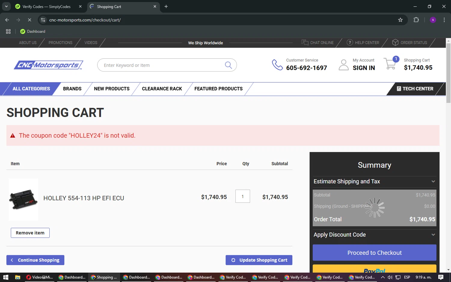 CNC-Motorsports promo code screenshot showing code HOLLEY24 applied at CNC-Motorsports checkout page. Uploaded by SimplyCodes community member FrugalLegend5728 on Jan 7, 2025
