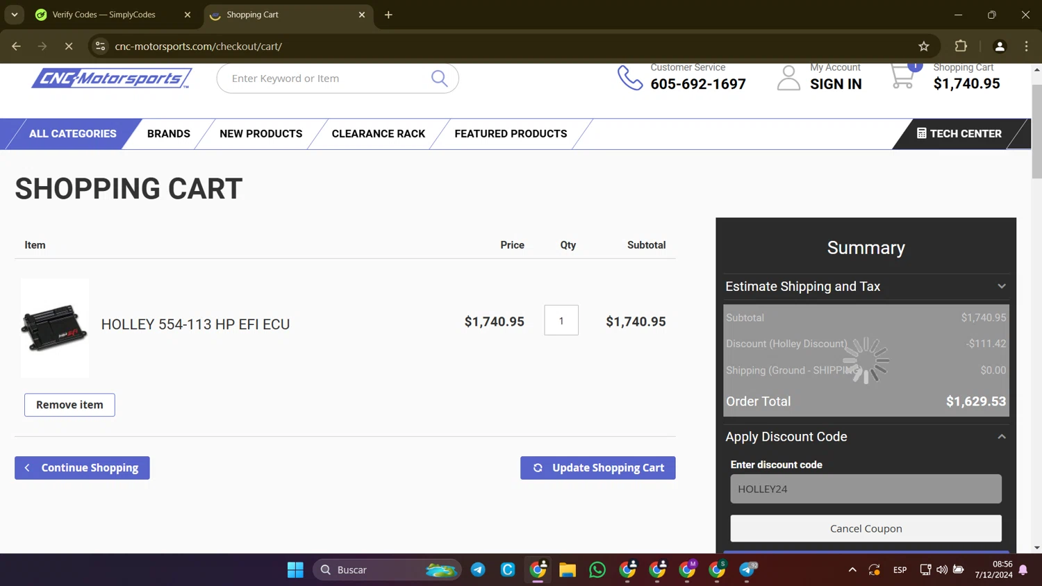 CNC-Motorsports checkout page showing CNC-Motorsports promo code box | Screenshot taken by SimplyCodes community member on Dec 7, 2024