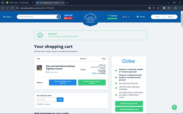 Centre of Excellence checkout page showing Centre of Excellence discount code box | Screenshot taken by SimplyCodes community member on Dec 14, 2024