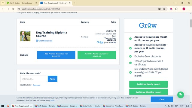 Centre of Excellence checkout page showing Centre of Excellence discount code box | Screenshot taken by SimplyCodes community member on Dec 4, 2024