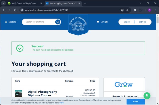 Centre of Excellence checkout page showing Centre of Excellence discount code box | Screenshot taken by SimplyCodes community member on Dec 9, 2024