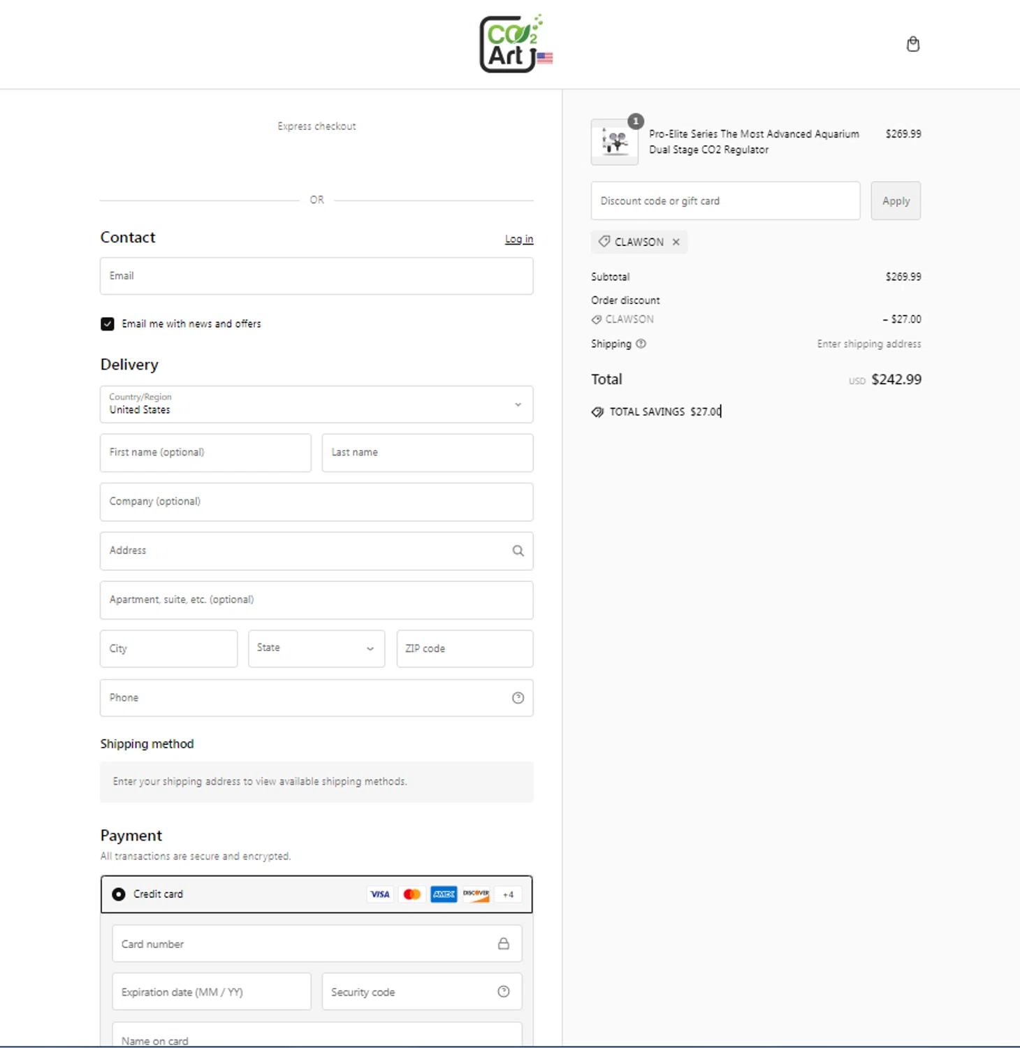 where to use Co2Art promo code box