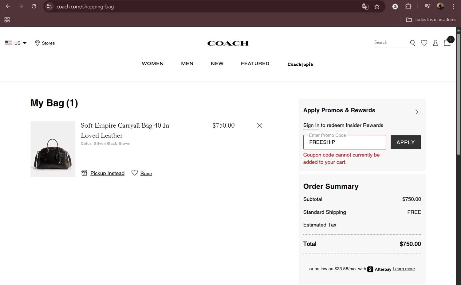 Coach promo code screenshot showing code FREESHIP applied at Coach checkout page. Uploaded by SimplyCodes community member Milaya on Aug 19, 2025
