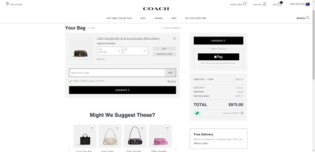 Coach checkout page showing Coach promo code box | Screenshot taken by SimplyCodes community member on Aug 7, 2025