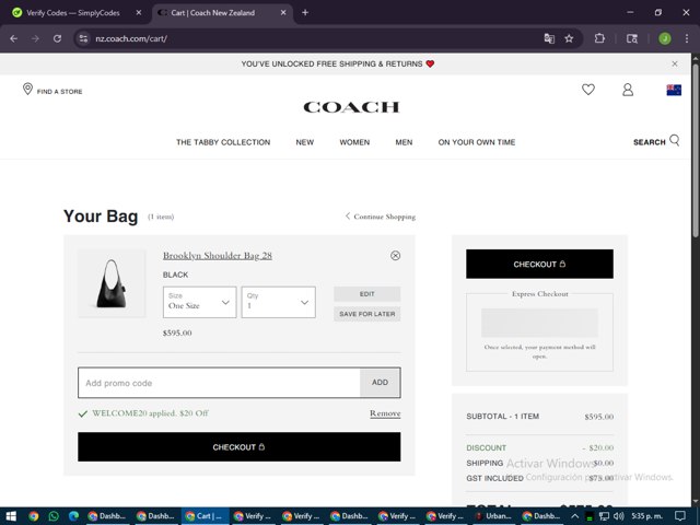 Coach checkout page showing Coach promo code box | Screenshot taken by SimplyCodes community member on Jul 31, 2025