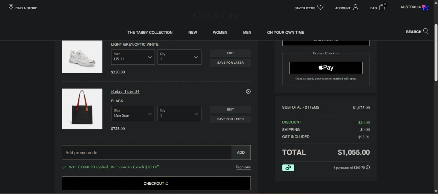 Coach promo code screenshot showing code WELCOME20 applied at Coach checkout page. Uploaded by SimplyCodes community member Nicoletorres on Aug 4, 2025
