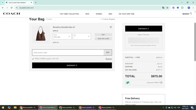 Coach checkout page showing Coach promo code box | Screenshot taken by SimplyCodes community member on Jul 28, 2025