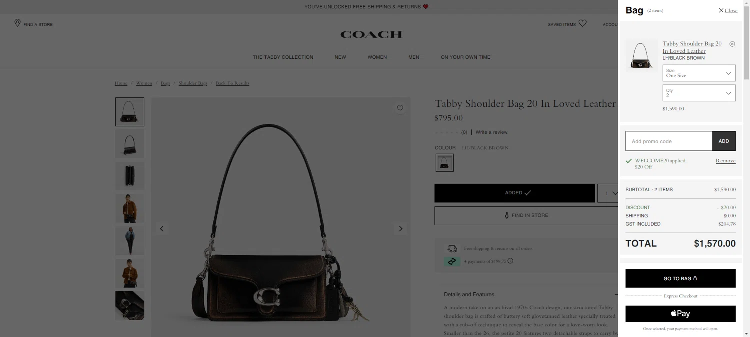 Coach promo code screenshot showing code WELCOME20 applied at Coach checkout page. Uploaded by SimplyCodes community member SilverChaser3269 on Aug 22, 2025