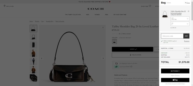 Coach checkout page showing Coach promo code box | Screenshot taken by SimplyCodes community member on Aug 22, 2025