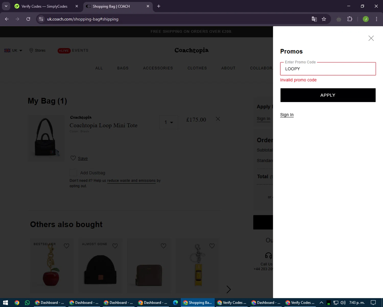 Coach promo code screenshot showing code LOOPY applied at Coach checkout page. Uploaded by SimplyCodes community member LilBaby on May 6, 2025