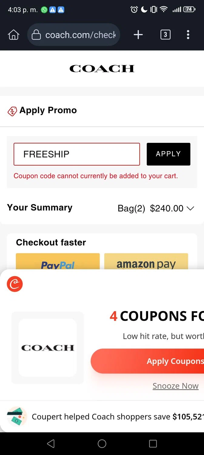 Coach promo code screenshot showing code FREESHIP applied at Coach checkout page. Uploaded by SimplyCodes community member Divino1 on Aug 19, 2025
