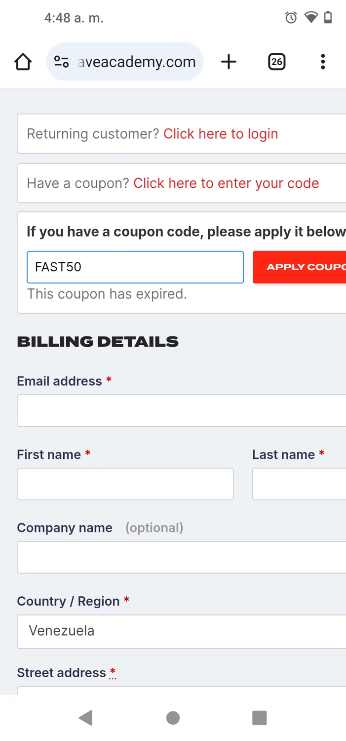 Coach Dave Academy coupon code screenshot showing code FAST50 applied at Coach Dave Academy checkout page. Uploaded by SimplyCodes community member MeganFox on May 27, 2025