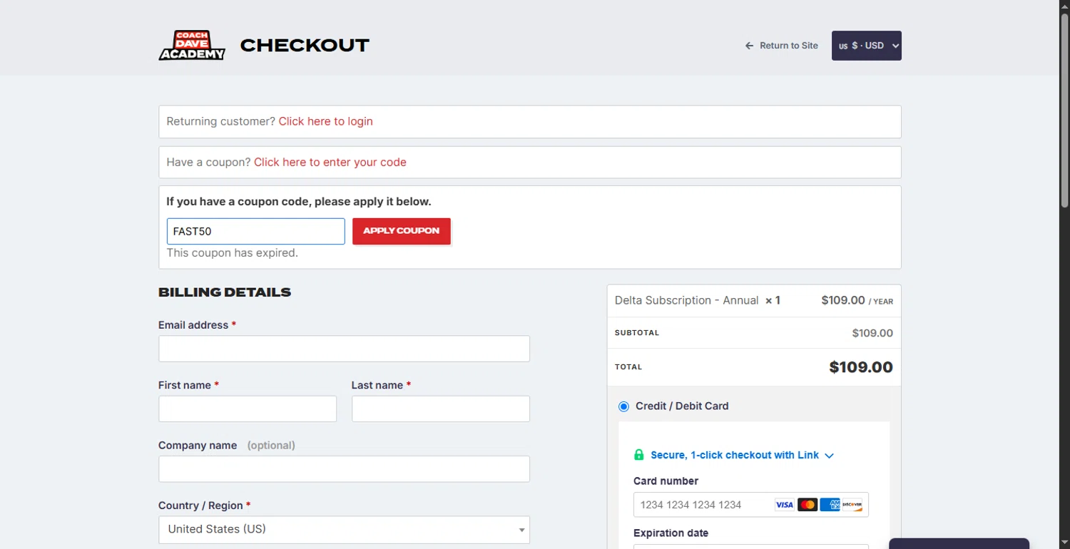 Coach Dave Academy coupon code screenshot showing code FAST50 applied at Coach Dave Academy checkout page. Uploaded by SimplyCodes community member BargainMonarch8220 on May 13, 2025