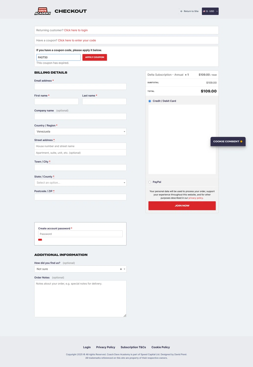 Coach Dave Academy coupon code screenshot showing code FAST50 applied at Coach Dave Academy checkout page. Uploaded by SimplyCodes community member WladimirV on May 27, 2025