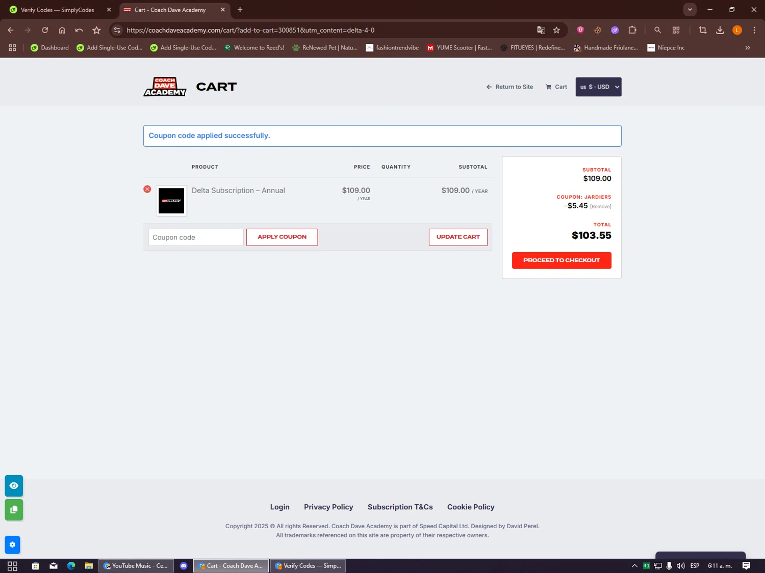 Coach Dave Academy coupon code screenshot showing code Jardier5 applied at Coach Dave Academy checkout page. Uploaded by SimplyCodes community member Alalee on Sep 26, 2025