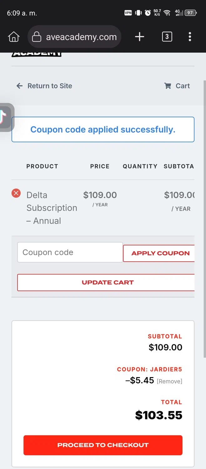 Coach Dave Academy coupon code screenshot showing code Jardier5 applied at Coach Dave Academy checkout page. Uploaded by SimplyCodes community member Thorfinn on Sep 26, 2025
