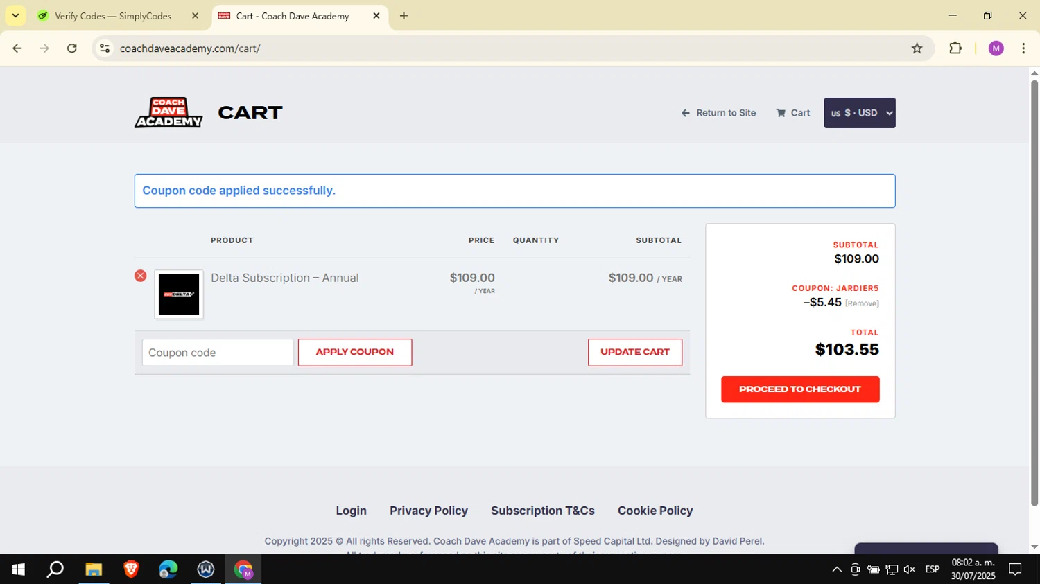 Coach Dave Academy coupon code screenshot showing code Jardier5 applied at Coach Dave Academy checkout page. Uploaded by SimplyCodes community member NobleSeeker3177 on Jul 30, 2025
