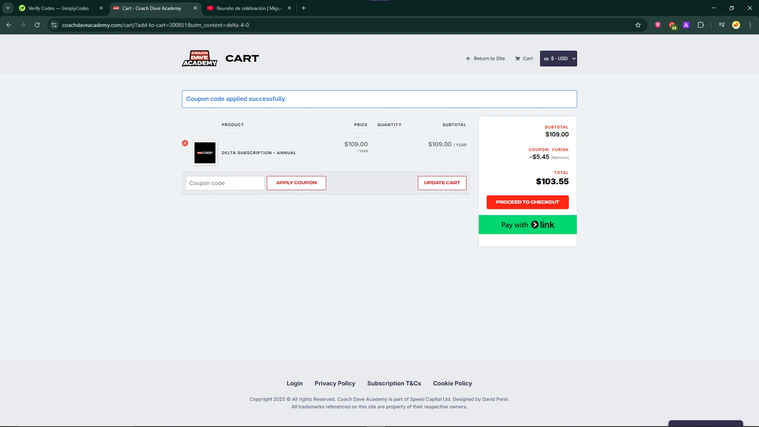 Coach Dave Academy coupon code screenshot showing code yuri5k applied at Coach Dave Academy checkout page. Uploaded by SimplyCodes community member ShrewdCaptain9911 on Aug 28, 2025